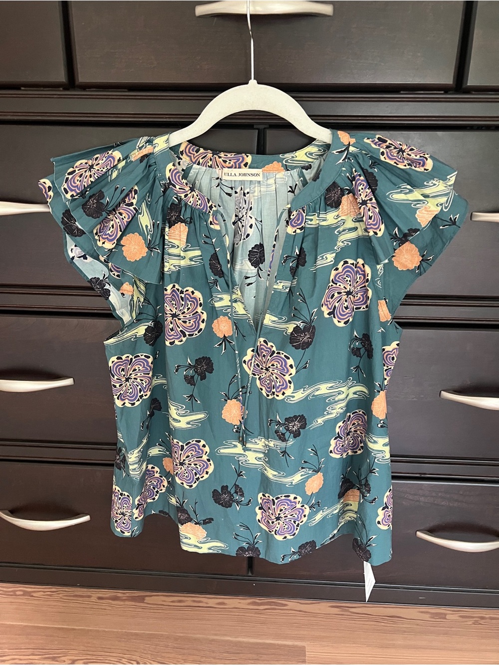 Ulla Johnson Teal Floral Flutter Sleeve Blouse size 2